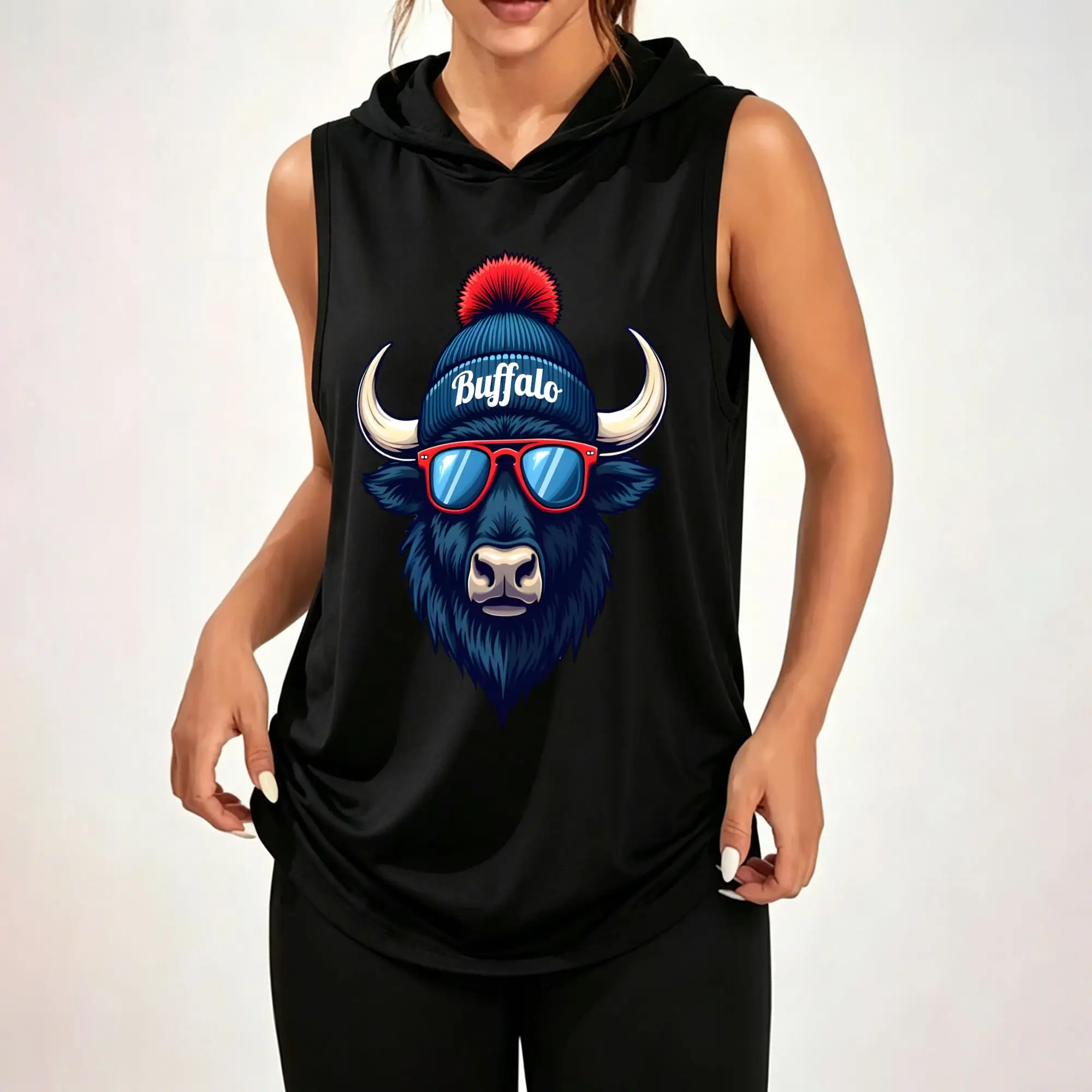 Women's Sleeveless Hoodie, Buffalo Wearing Beanie Sunglasses Cool Animal Graphic Print Casual Hooded Tank Top