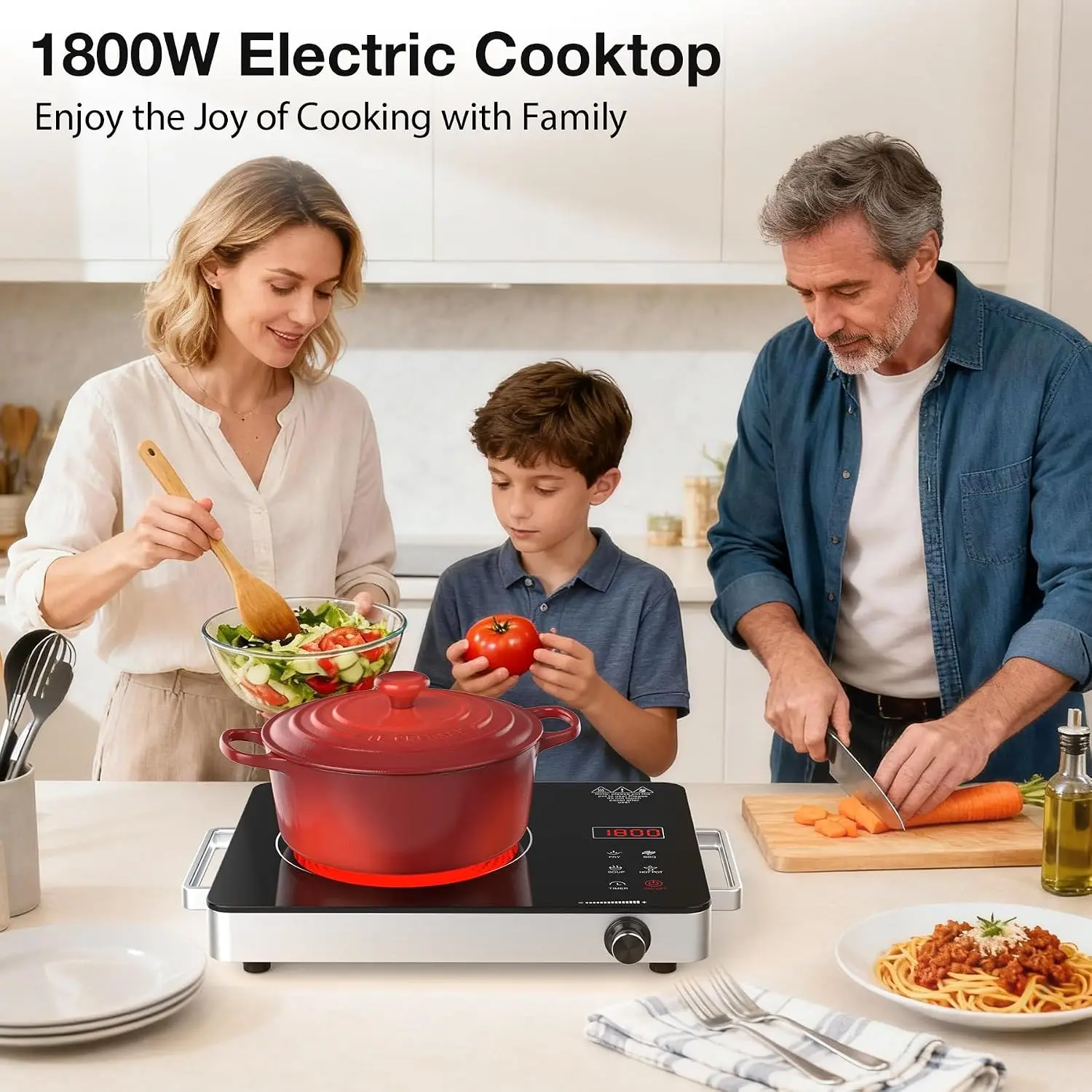 WABK Portable Electric Cooktop, 1800W Infrared Hot Plate Countertop Burner with Handle, 110V Single Burner Electric Stove with Knob & Touch Control, 4-Hours Timer & 10 Power Levels for Home Camping