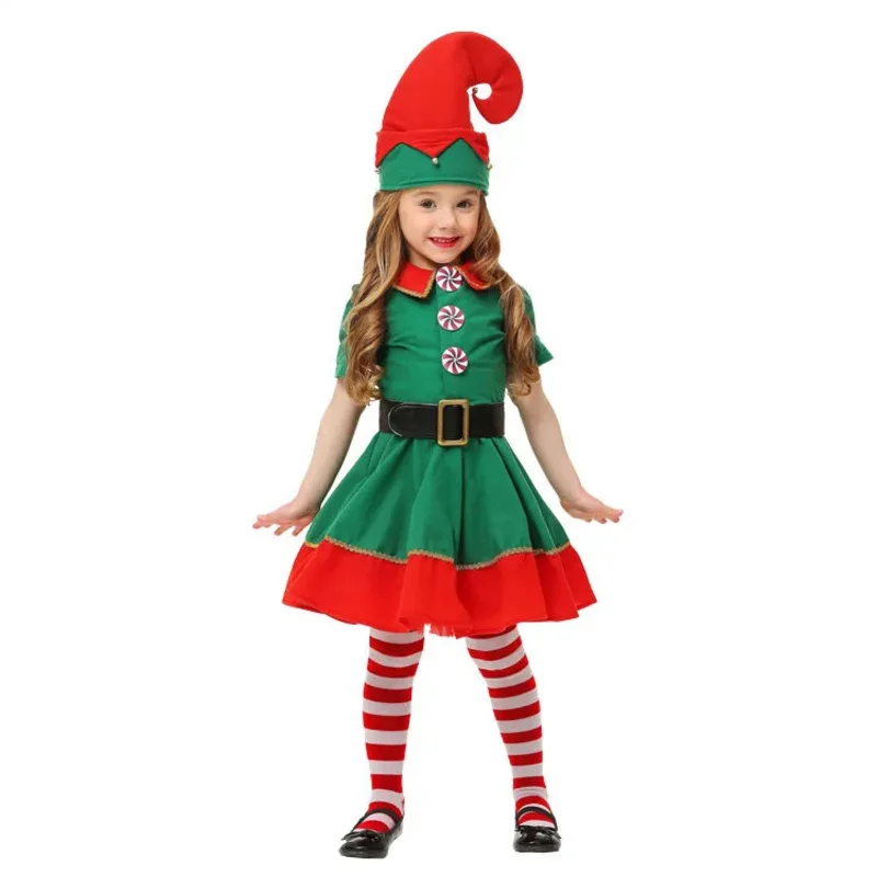 Disfraz de Papá Noel de Navidad para niños y niñas, conjunto de ropa de disfraz de elfo verde, vestido de fantasía para fiesta familiar de Navidad y Año Nuevo para hombres y mujeres