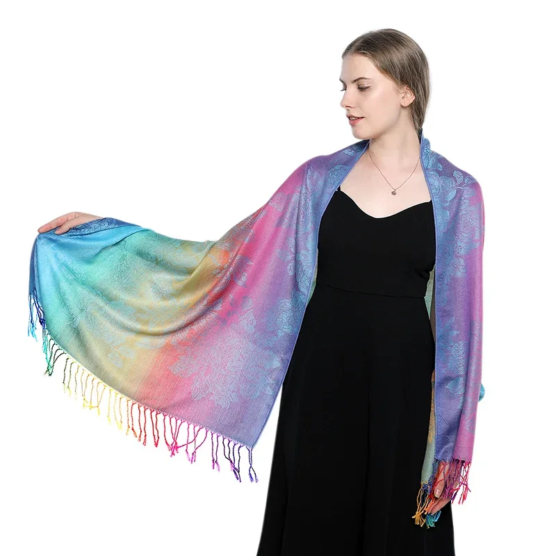 Peacock Feather Jacquard Scarf For Women Elegant Gradient Color Tassel Shawl Windproof Beach Towel Casual Hijab 180*70cm