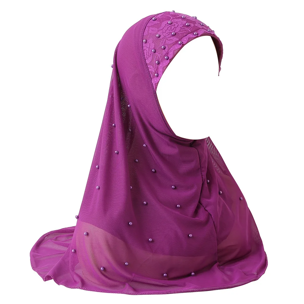 One piece Casual Muslim Women's Girls Hijabs Double-layer Mesh Beaded Arabic Headscarf Fashion Hat