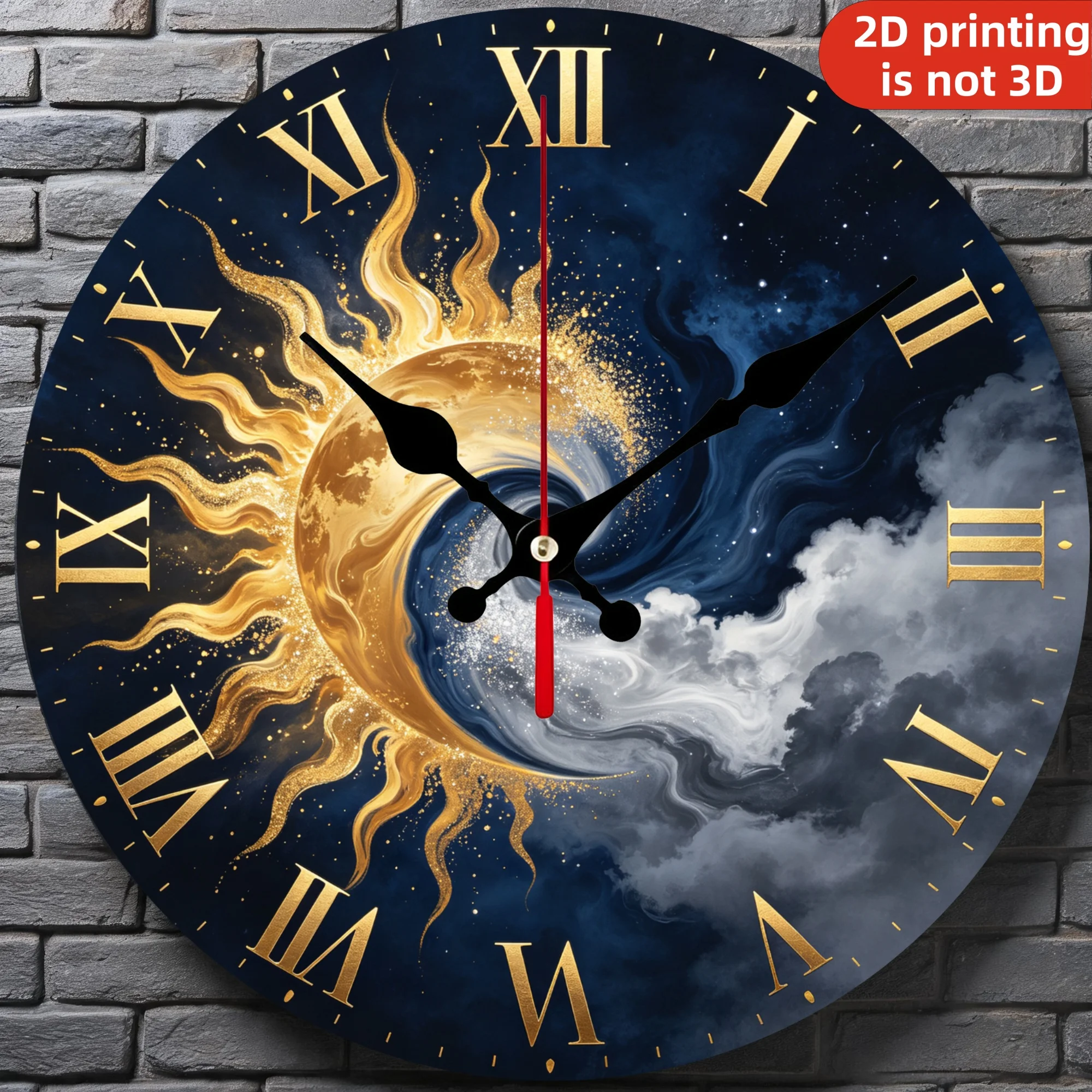 Celestial Sun and Moon Swirl Wooden Wall Clock, 10/12 Inch Round Wood Clock, Silent Non Ticking Quartz Movement, Golden Sun Silver Moon Printed Home Decor