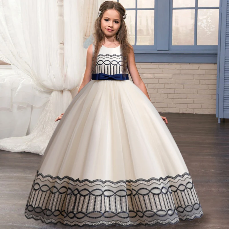 2022 new girls\' embroidered bow princess dress children\'s fashion temperament mesh dress banquet host show evening dress