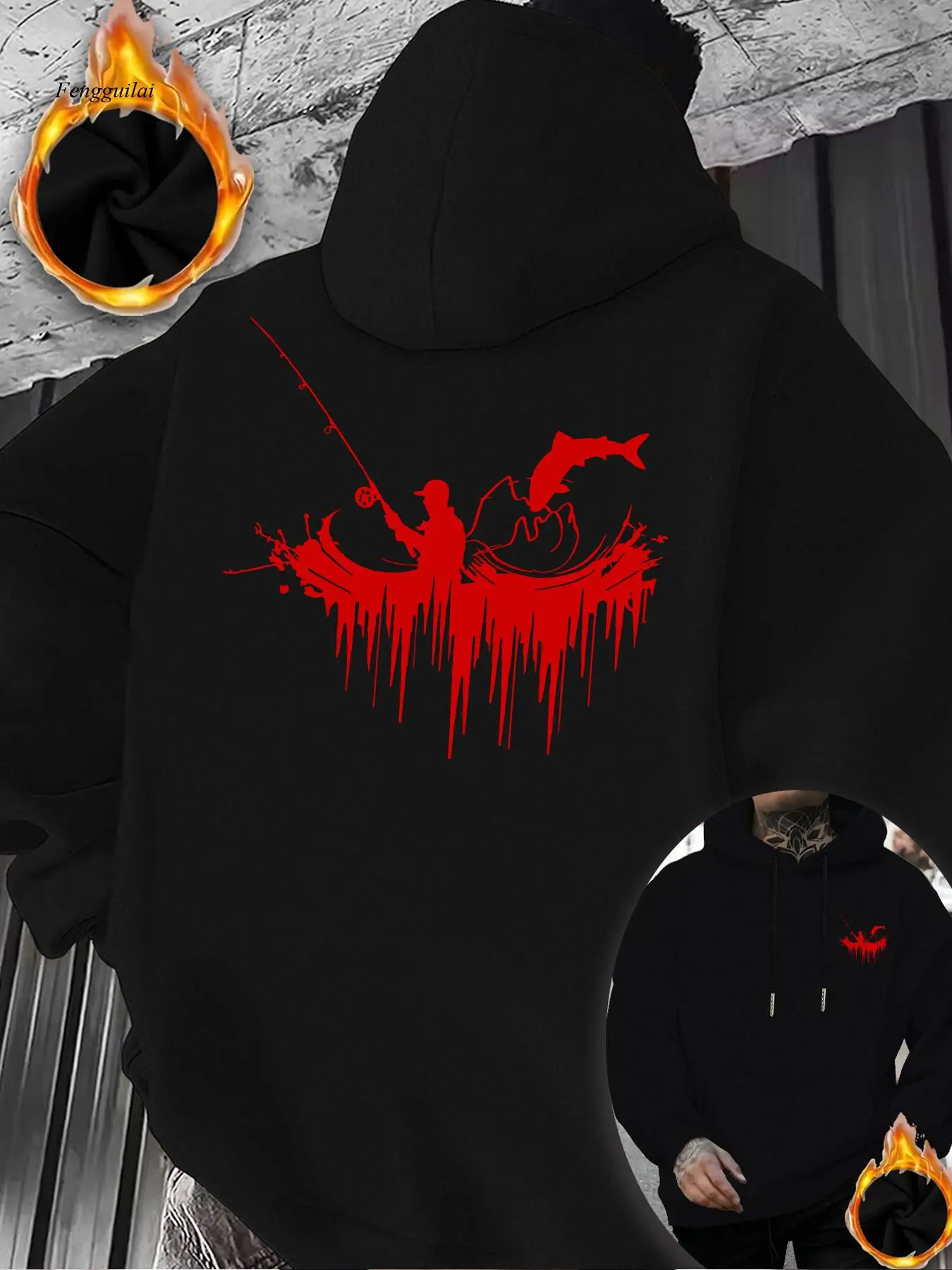 Autumn and Winter Thick Comfortable Hooded Long-Sleeved Sweatshirt | Front and Back Flame and Fishing Pattern Prints