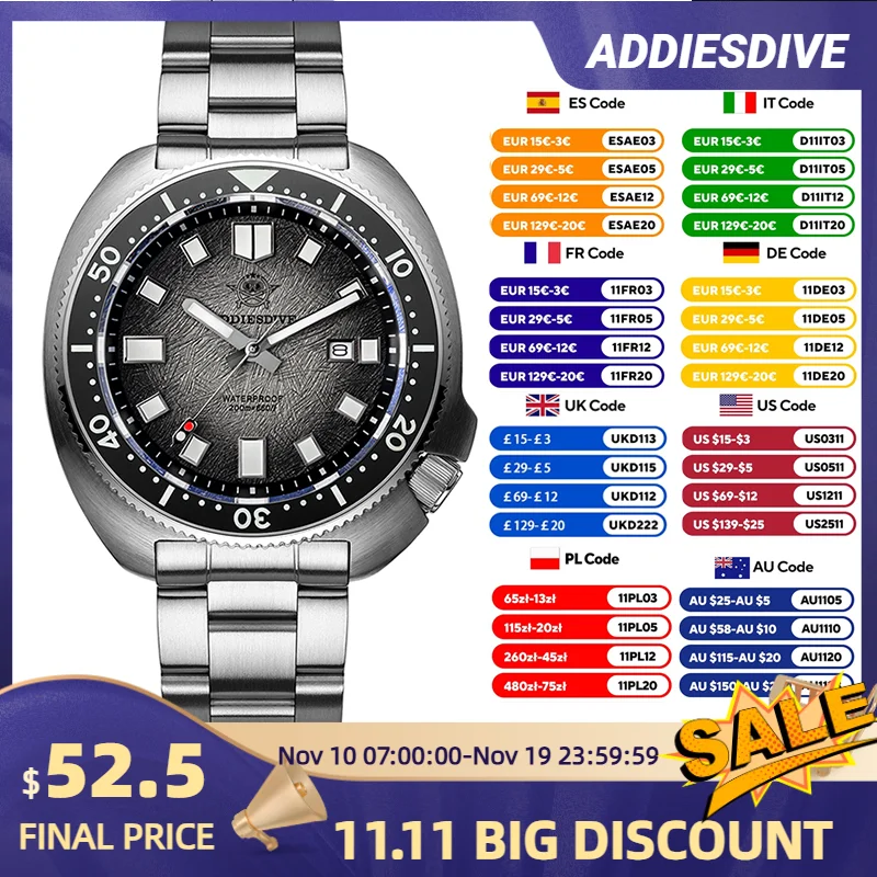 

ADDIESDIVE AD2511 Mens Quartz Diving Watch 200M Waterproof 316L Stainless Steel Case Sapphire Crystal Ceramic Bezel Luminous