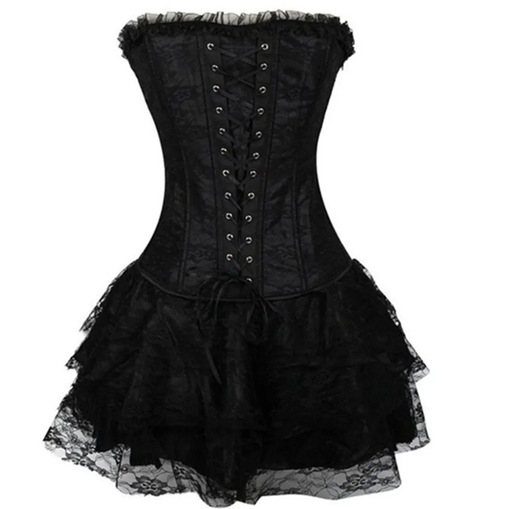 Overbust Corset Dress for Women Plus Size Corsets Bustiers Lingerie Sexy Lace Overlay Burlesque Corset and Skirt Set Tutu