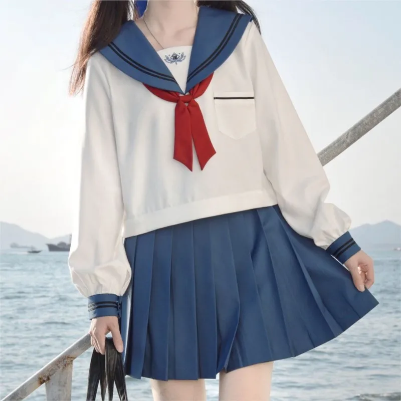 Uniforme JK para mulheres e meninas, terno marinheiro, trajes cosplay, conjuntos de saias plissadas curtas, mangas compridas, estilo universitário, azul, jk