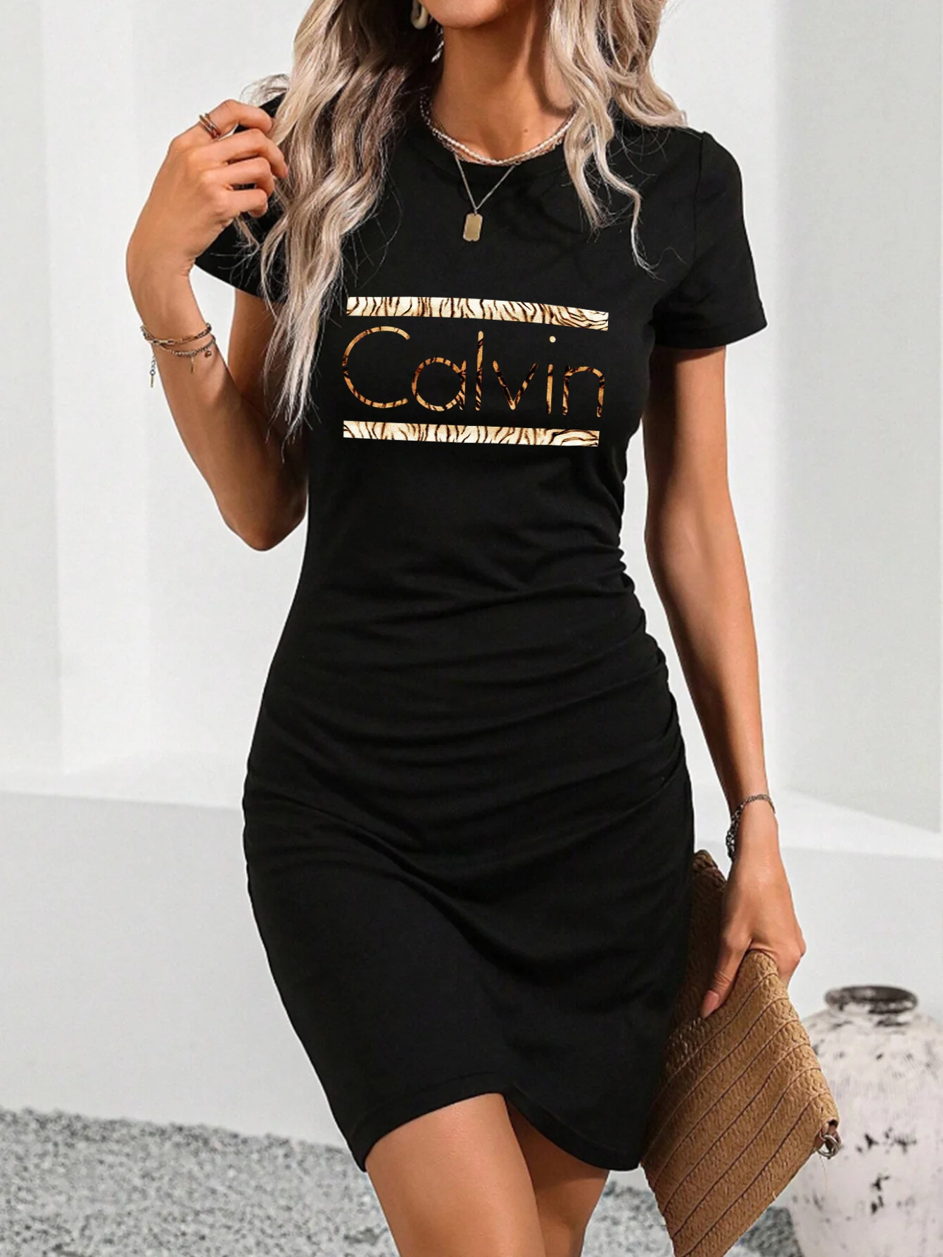 Verano mujer moda Calvin patrón estampado casual sexy ajustado ajustado manga corta cuello redondo camiseta mini falda