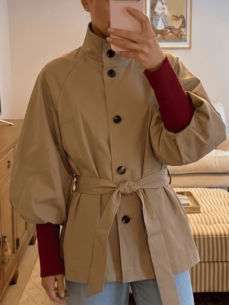 New Women Short Trench Coat Jacket Solid Single Breasted Belted Waist Loose Long Sleeve Stand Collar Cropped Autumn Coat 2026
