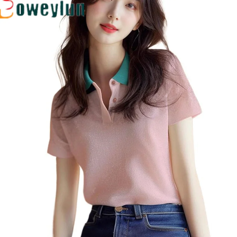 

Boweylun Ice Silk Short Sleeve T-Shirt Summer Women Positive Shoulder Polo Shirt Tops Girls