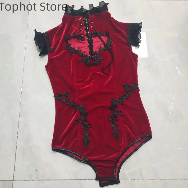 Vinho vermelho coração recorte cinta bodysuit vintage sexy alta pescoço feminino festa de aniversário roupa boate bar palco desempenho collant