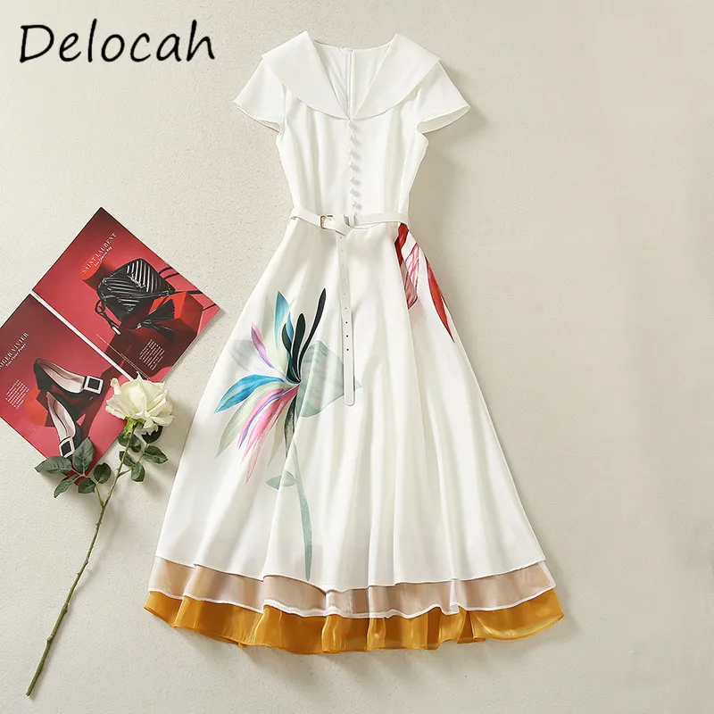 Deloach primavera/verão moda feminina gola três camadas de fio de apoio cor contrastante manga curta cinto vestido fino ajuste