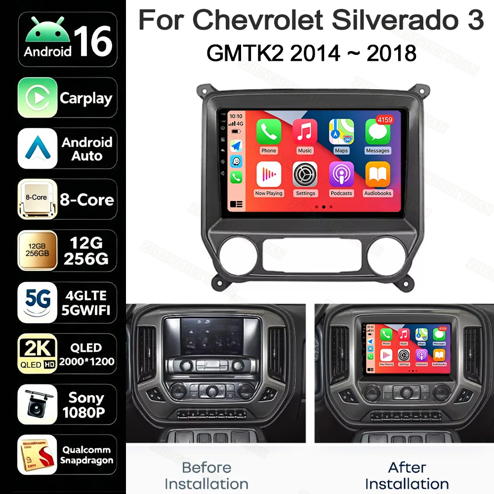 Android 16 Carplay Auto Car Radio Multimedia For Chevrolet Silverado 3 GMTK2 2014 2015 2016 2017 2018 Autoradio Stereo Head Unit