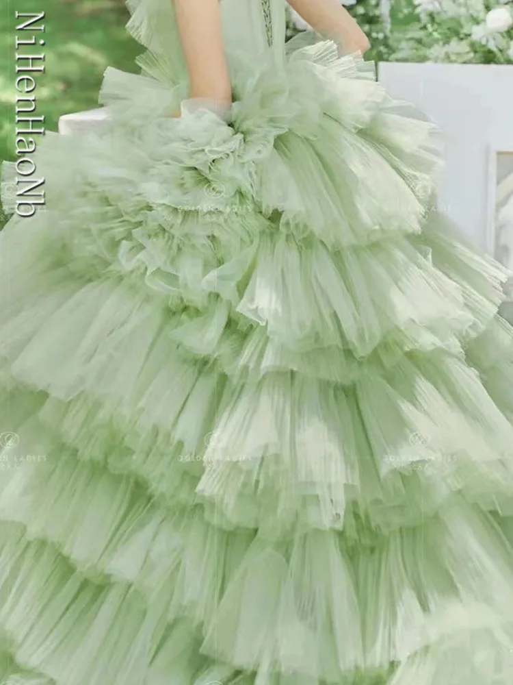 Exquisite Spaghetti Strap Wedding Dress Green Puffy Quinceanera Dresses Floor-length Vestido De Debutante