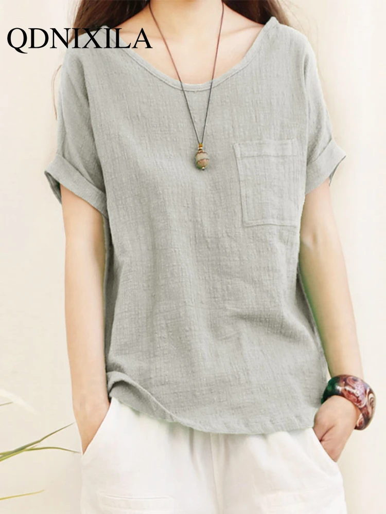 New In Green Loose Cotton Linen Blouses Women 2024 Summer Shirts Casual Short Sleeve O Neck Solid Shirt Lady Tops Blouse Women