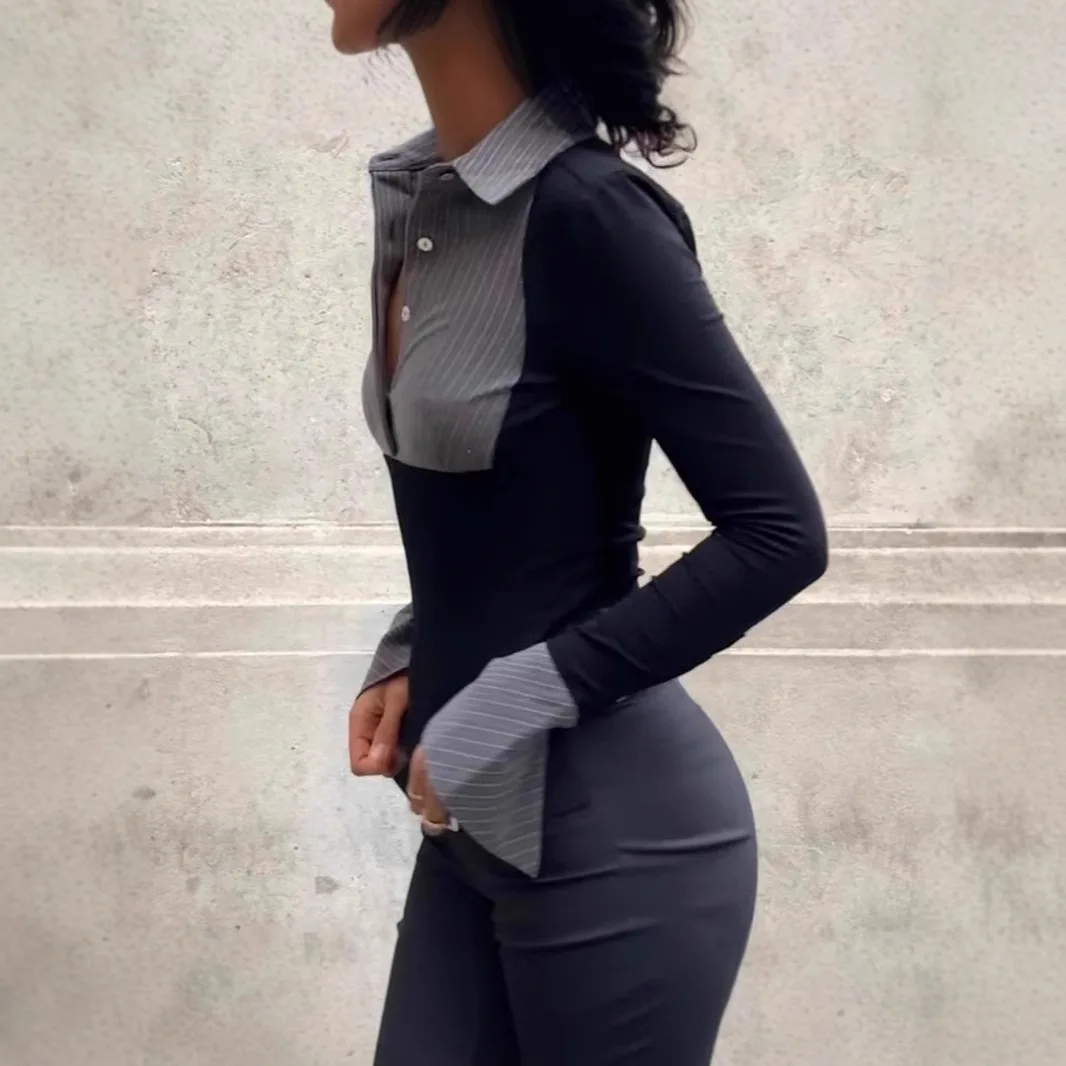 2026 Polo-hals Shirts Damesmode Streep Print Patchwork Shirts Met Lange Mouwen Top Dameskleding Kantoor Dame Vrouwen shirt Nieuw