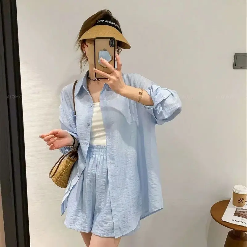 Women Summer Simplicity Fashion Solid Color Long Sleeve Shirring Shirts Ladies Casual Appear Thin High Waist Shorts Tops Suit