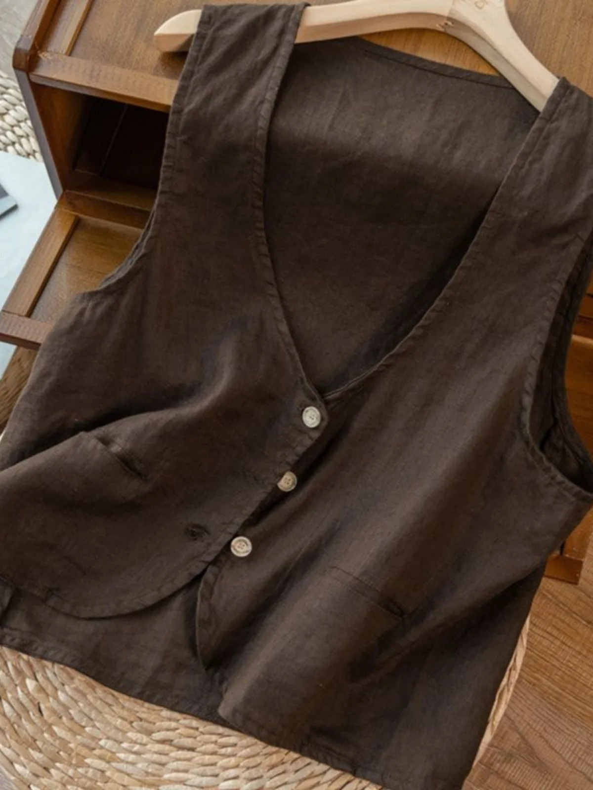 

Summer Women's Pure Linen High-End Suit Jaet Thin Cotton Linen ort Svel Vest Top V-ne Commute Sle Color