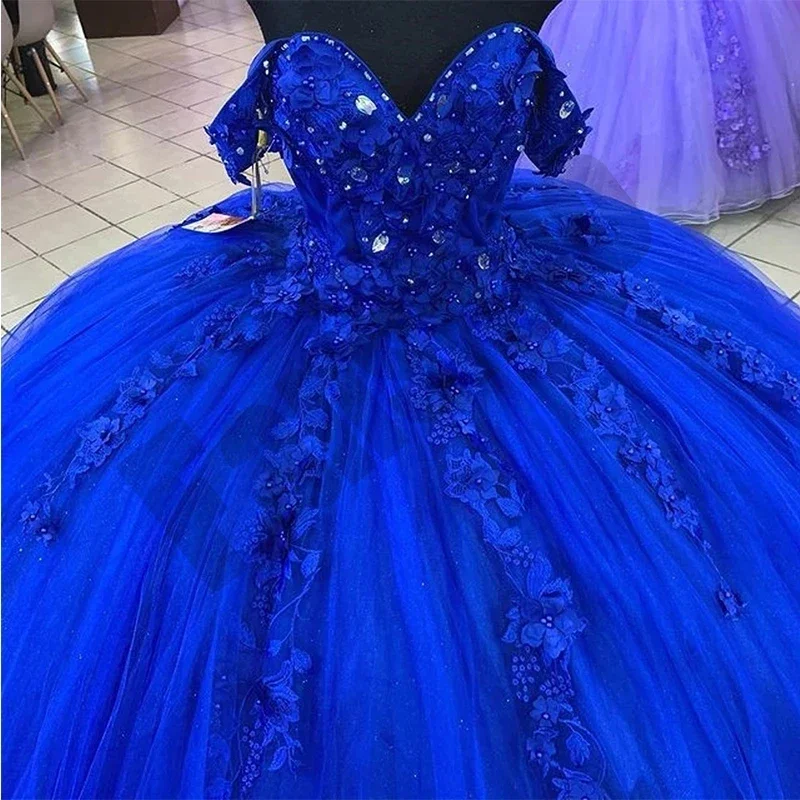 Vestidos De Quinceañera De princesa azul real brillante, apliques De flores 3D De cristal, vestido De baile De cumpleaños, Vestidos De fiesta De 15 años