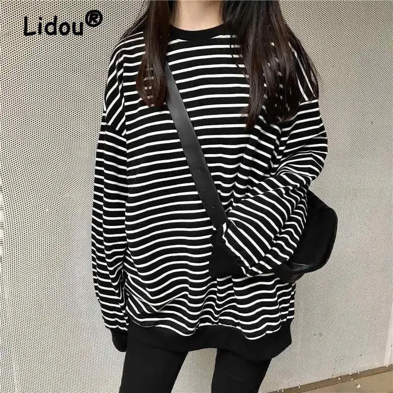 Sudadera clásica de manga larga a rayas para mujer, ropa de calle de gran tamaño, jerséis informales de lana para Otoño e Invierno