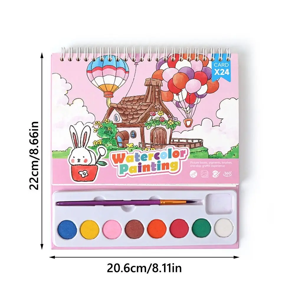 Cartoon Watercolor Painting Book 24 Pages Paintbrush Coloring Book Kit with 8 Color Pigment No-repeat Pattern