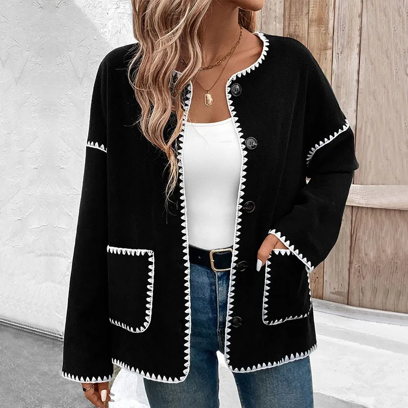 Women's Fleece Jacket Coats Spring Fall Fashion Loose Contrast Trim O Neck Long Sleeve Tops With Pockets Casual Black Coat Tops