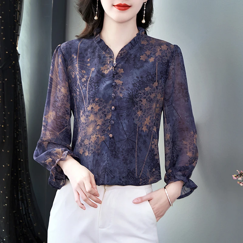 

Women Blouse Vintage Printed Ruffles V Neck Chiffon Shirts Summer Long Sleeve Tops Female Casual Clothing 2025