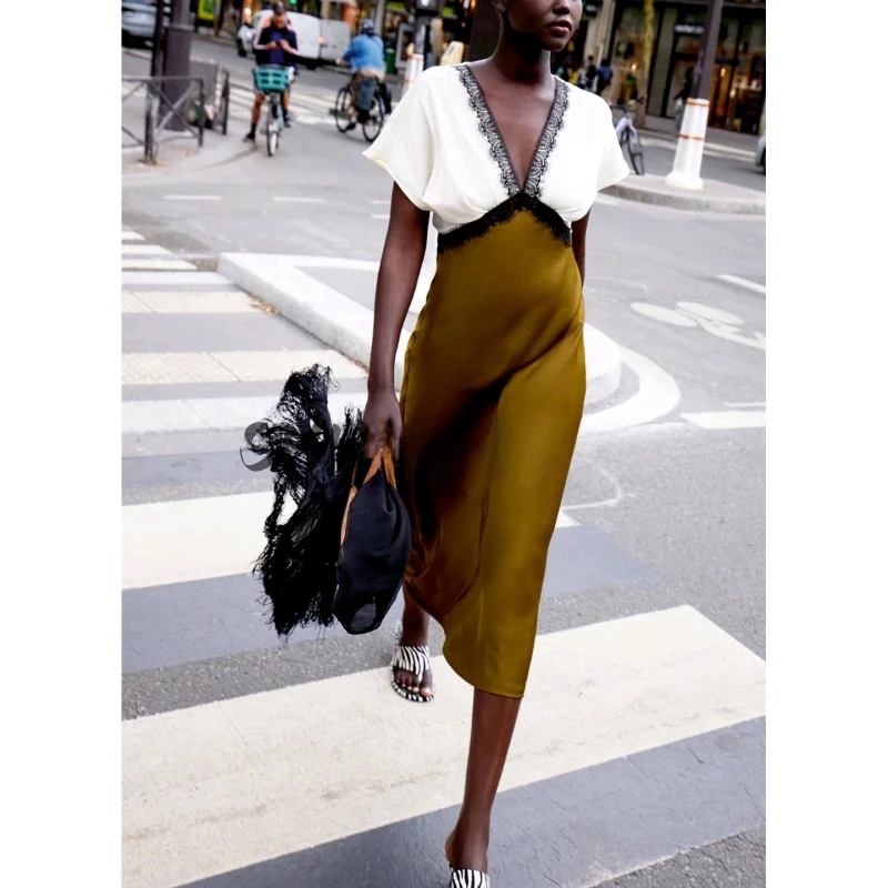 Casual sle midi dr renda seda cetim textura emendada outono feminino faion dr cintura alta poliéster ort sve v-ne