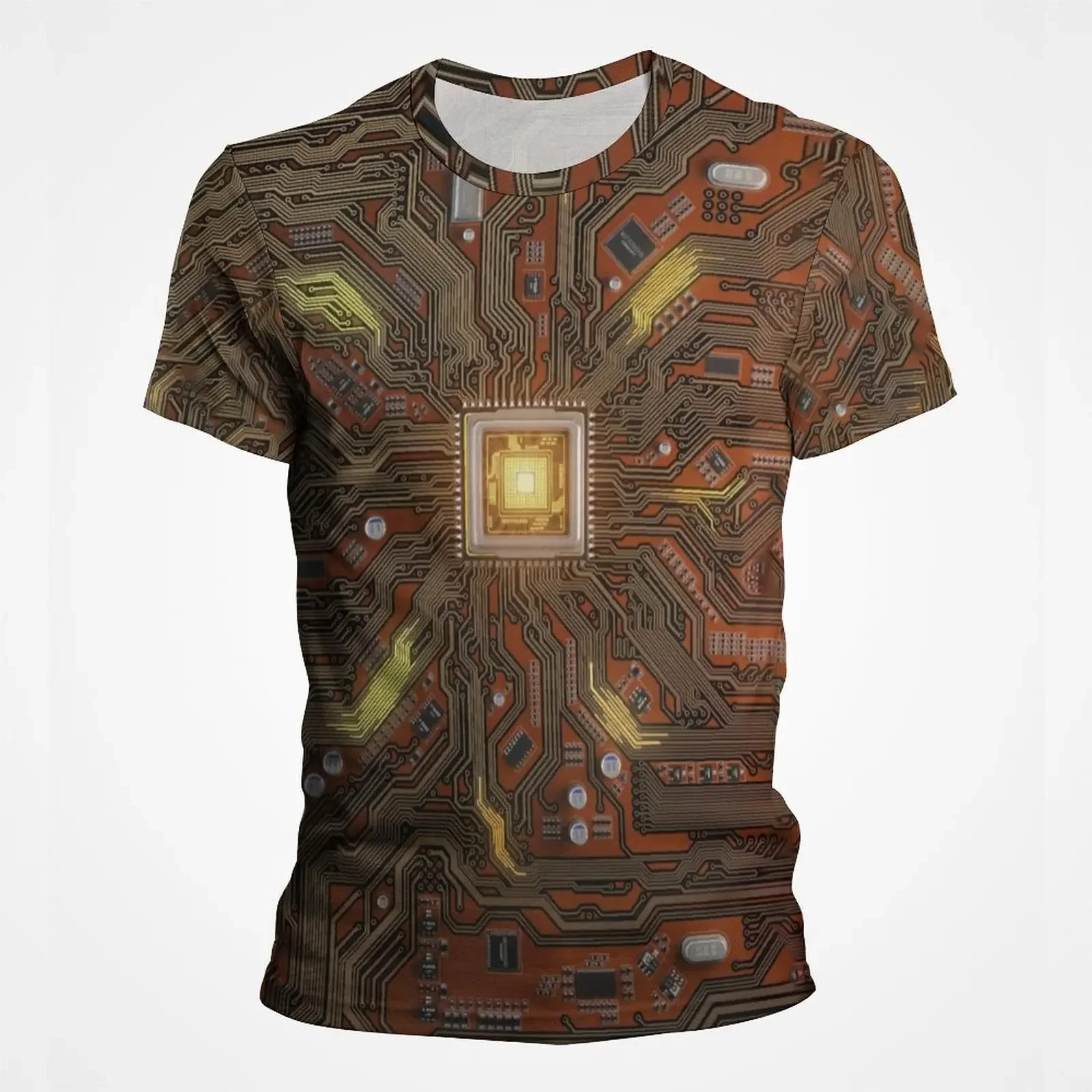 Herren-T-Shirt mit 3D-Leiterplatten-Motiv, realistisches elektronisches Chip-Motherboard-Muster, Kurzarm-T-Shirt im Technologie-Stil, Street-Top – Detail 8
