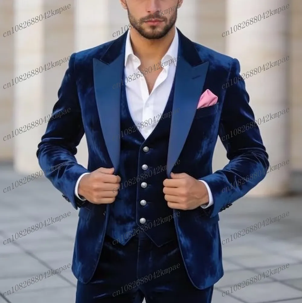 

Темно-синий бархатный мужской костюм, деловой костюм для жениха, жениха, свадебной вечеринки, выпускного вечера, мужские смокинги, комплект из 3 предметов, пиджак, жилет, брюки