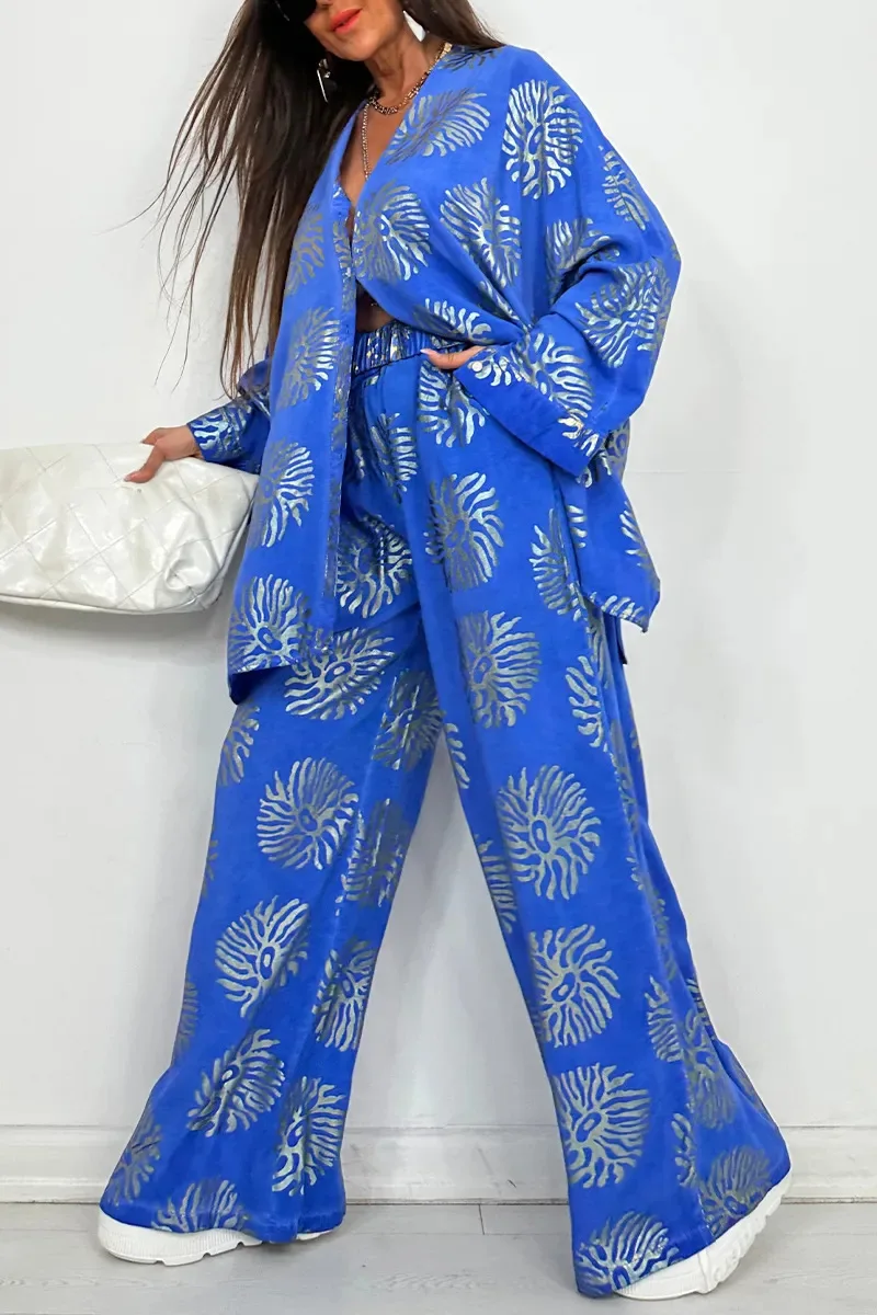 

Autumn Winter Large Size Pants Set Printed Loose Comfortable 2 Pieces Set For Woman Long-sleeved Tops Trousers Two-piece Sets