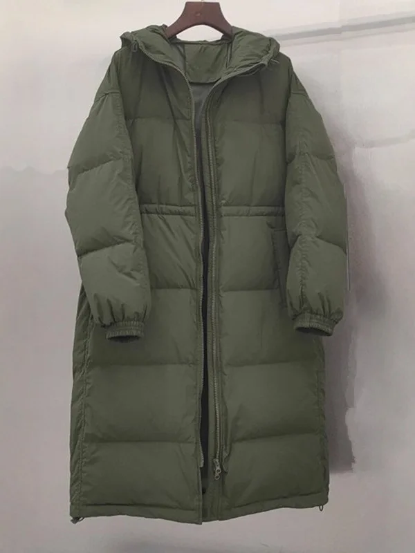 2025 nova jaqueta feminina moda outono inverno grosso quente longo pato branco puffer casaco quente grande solto com capuz parkas outwear