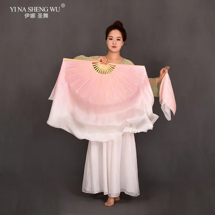 中国民俗グリーングラデーションカラーシルクファン、ダンスパフォーマンス用、竹骨ロングハンドベリーファン、ベール付きステージショー小道具