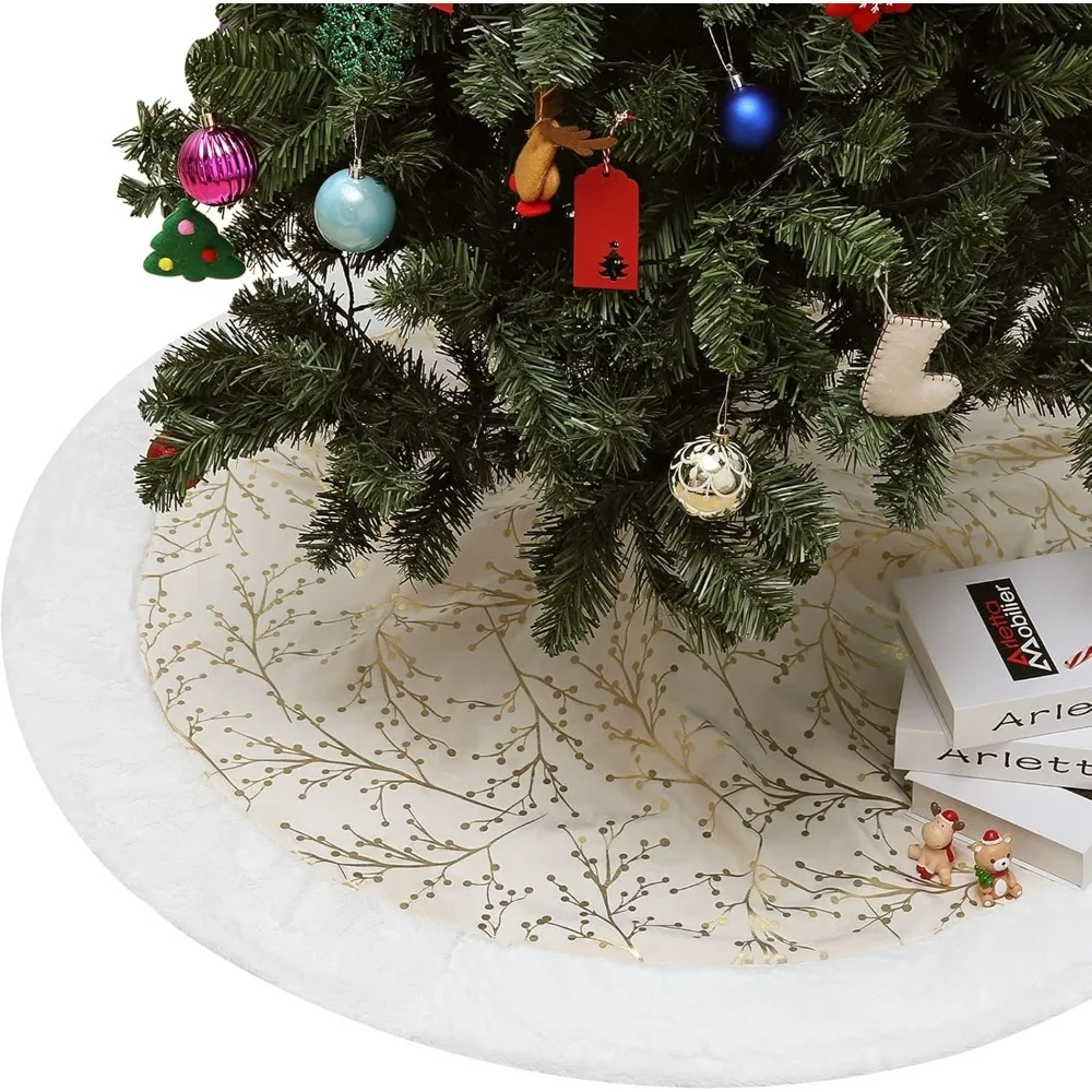 

48 Inch Christmas Tree Skirt White Plush Gold Sequin Snowflake for Holiday Party Xmas Tree Decorations, Beige&White