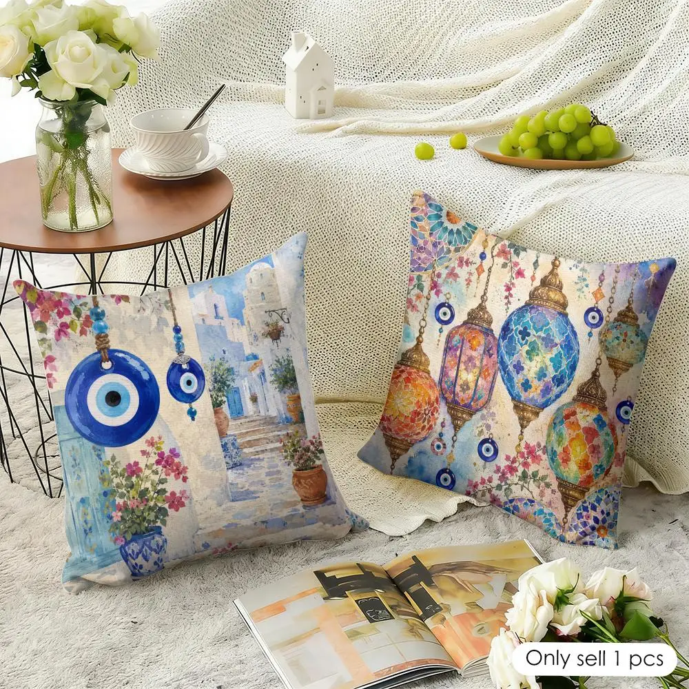 Mediterranean Evil‑Eye Lamp Pattern Cushion Cover Vintage Turkey Art Square Throw Pillow Case Home Decoration