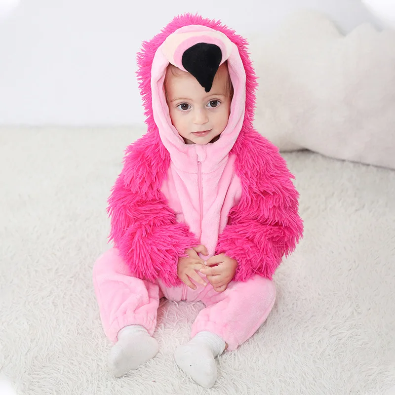 2024 Cartoon Flamingo Bodysuit Baby Romper Anime Pajamas Halloween Winter Jumpsuits Warm Pajamas Boy Girl Cosplay Costume Onesie