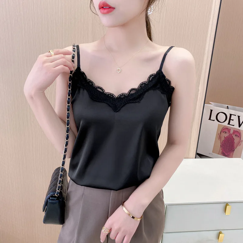 

Summer with Lace Silk Top Cami for Women Spaghetti Strap Top Tank Ladies Tops White Camis Basic Tops Women 2025 Summer Fashion
