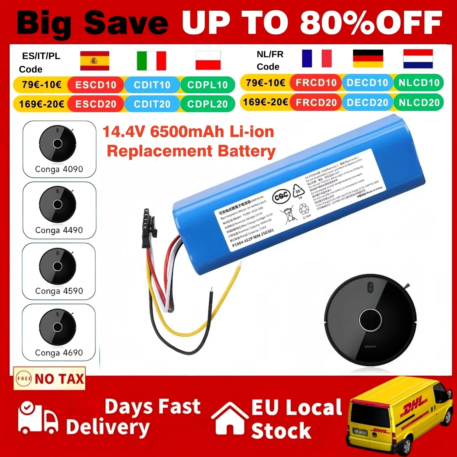Batteria Conga 4090 cecotec Sostituzione Per CONGA 4490 4590 4690 6500mAh 14.4V Robot Aspirapolvere Accessori Pezzi di Ricambio