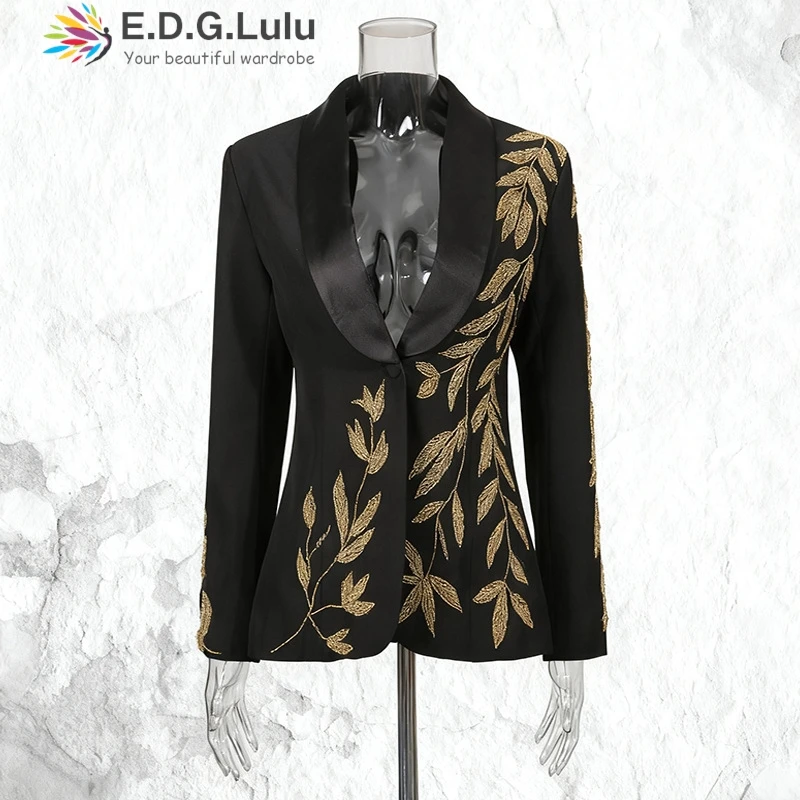 EDGLuLu Autumn 2025 Design Embroidery New Coats And Jackets Ladies V-Neck One Buckle Long Sleeved Slim Fit Suit Jacket 1208