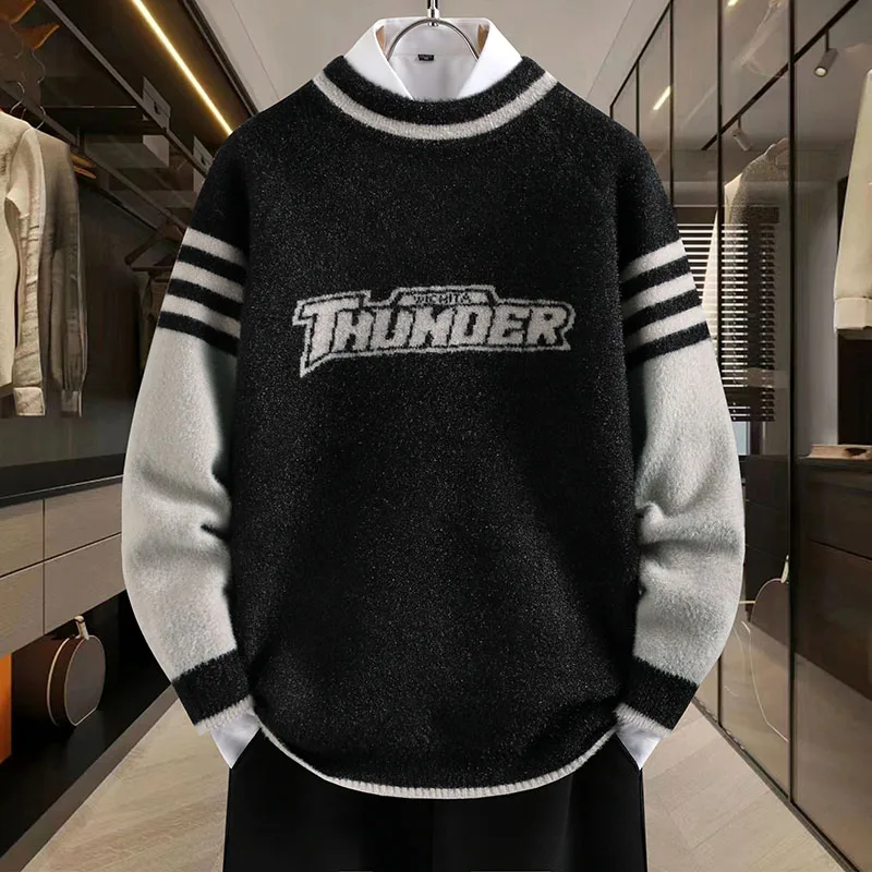 

Men's Thiened round Ne Knitted Sweater Autumn Winter Warm Base Layer Faux Fur Sle Student Faion Top Quali Knitwear