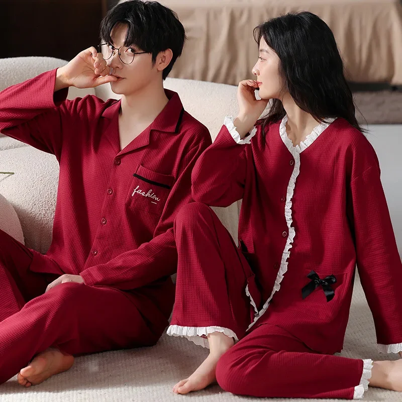 Red Couple Pajamas Women's Long Sleeve Cotton Pajama Set For Spring Autumn Winter Newlywed Homewear Two-piece Suit