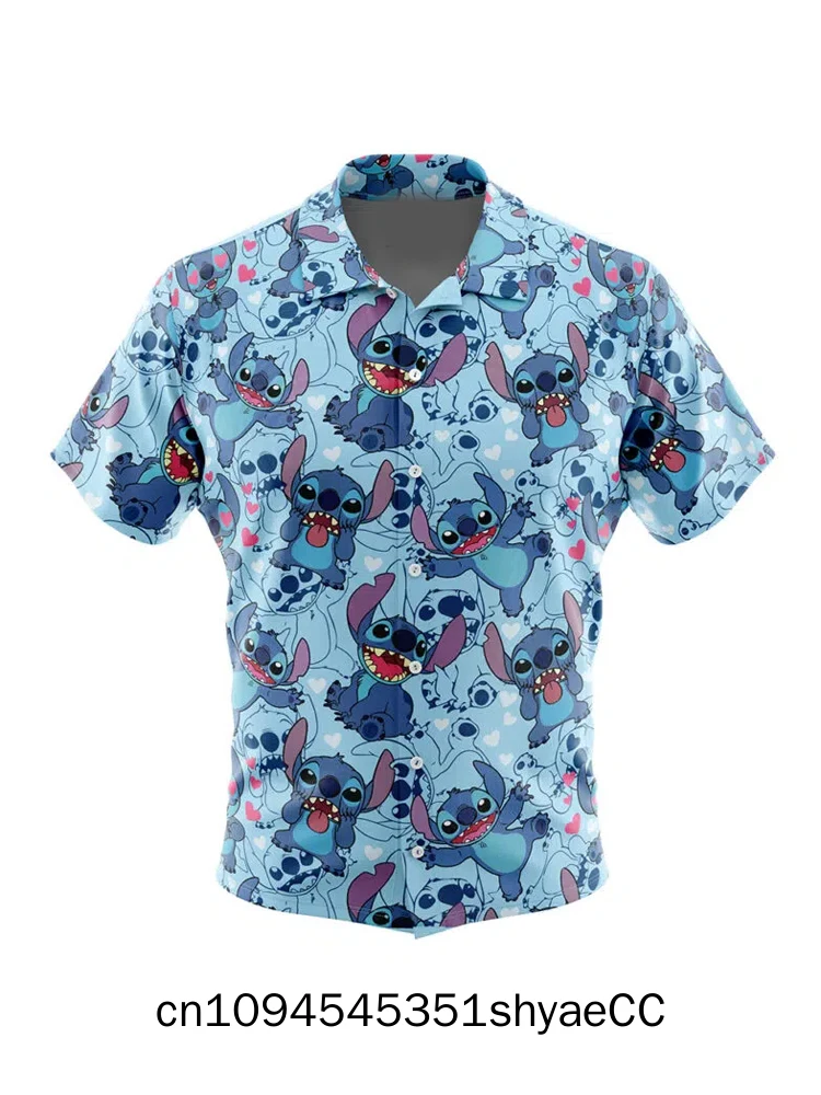 2025 summer new Stitch cartoon casual 3D printed short sleeved Hawaiian lapel shirt slim fit men's top