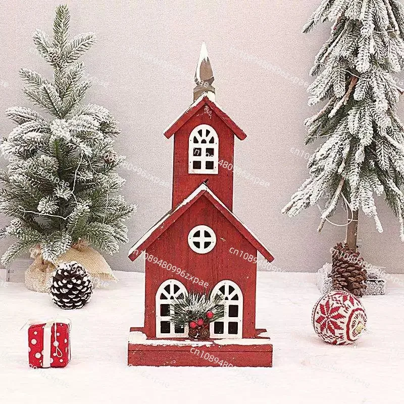 Red wooden house lighting snow scene wooden castle church ornament house scene