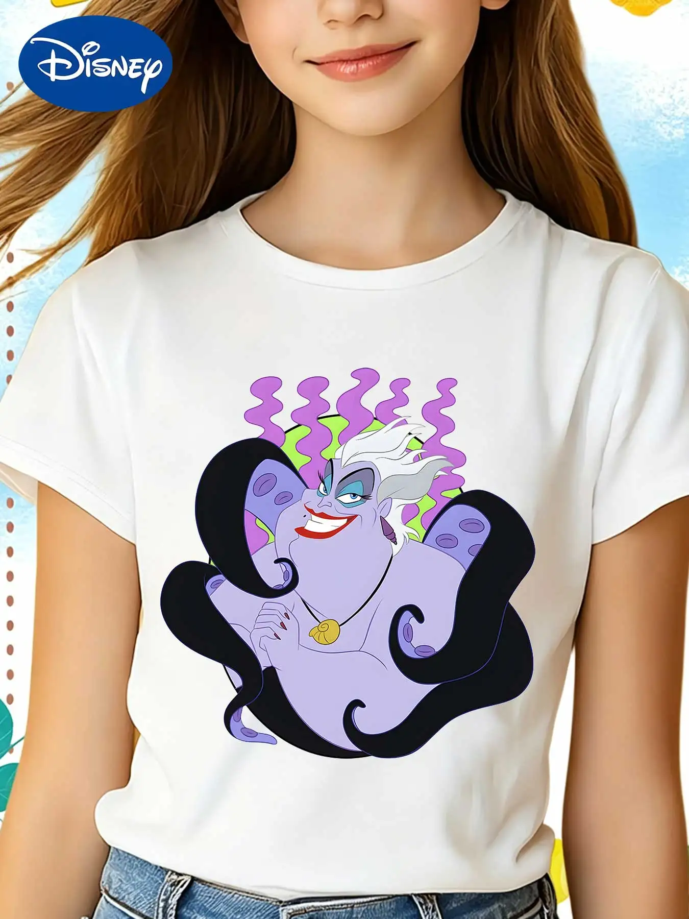 

Детская футболка с короткими рукавами Disney Little Mermaid Ursula Octopus Sea Witch, летняя свободная футболка для девочек