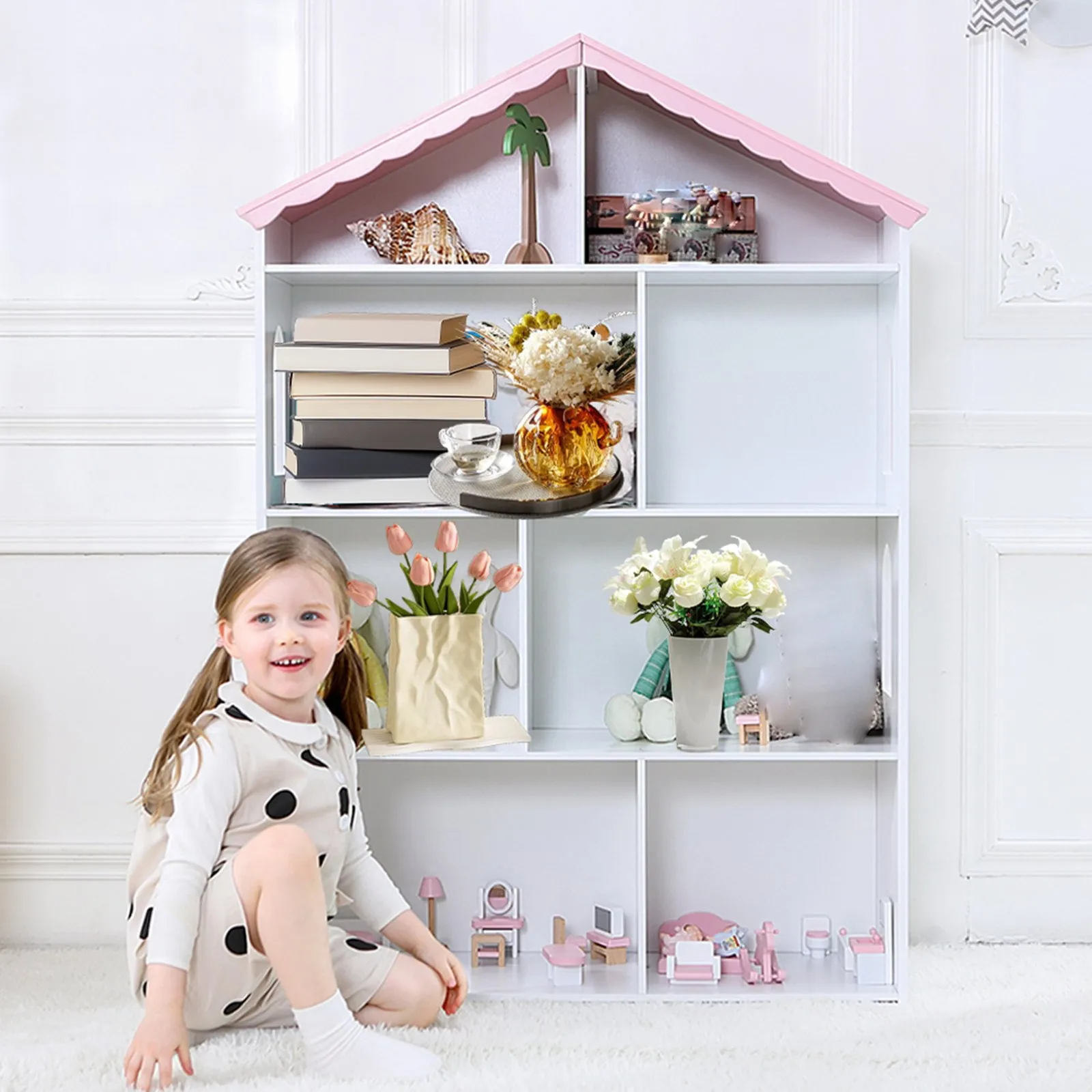 

Детский деревянный стеллаж для книг с 4 полками, книжный шкаф-домик для хранения