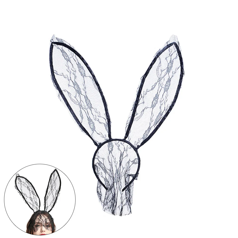 

Black Rabbit Ears Lace Face Veil 1.8Cm*12.5Cm Headband 30Cm Ear Length For Halloween Wedding Party Cosplay Hairwear Half