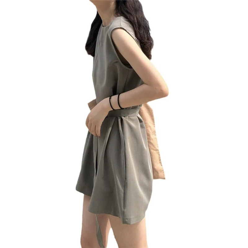 Women's Summer Round Neck High Waist Solid Color Shorts Jumpsuit Rompers with Pockets Casual Pieced Outfits Gifts