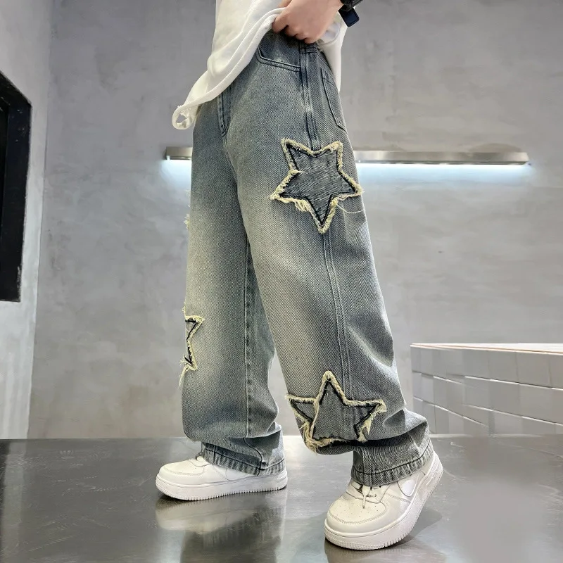 

Teenage Boys Denim Pants 2025 New Children's Spring and Autumn Blue Jeans Boys Straight Leg Loose Wide-leg Pants Kids Soft Jeans