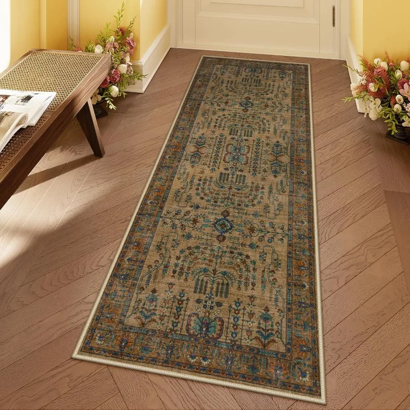 Luxury Retro Hallway Long Rug Washable Kitchen Mat Green Non-slip Bedroom Bedside Soft Carpet Botanical Floral Design Teppich 러그 - Image 2