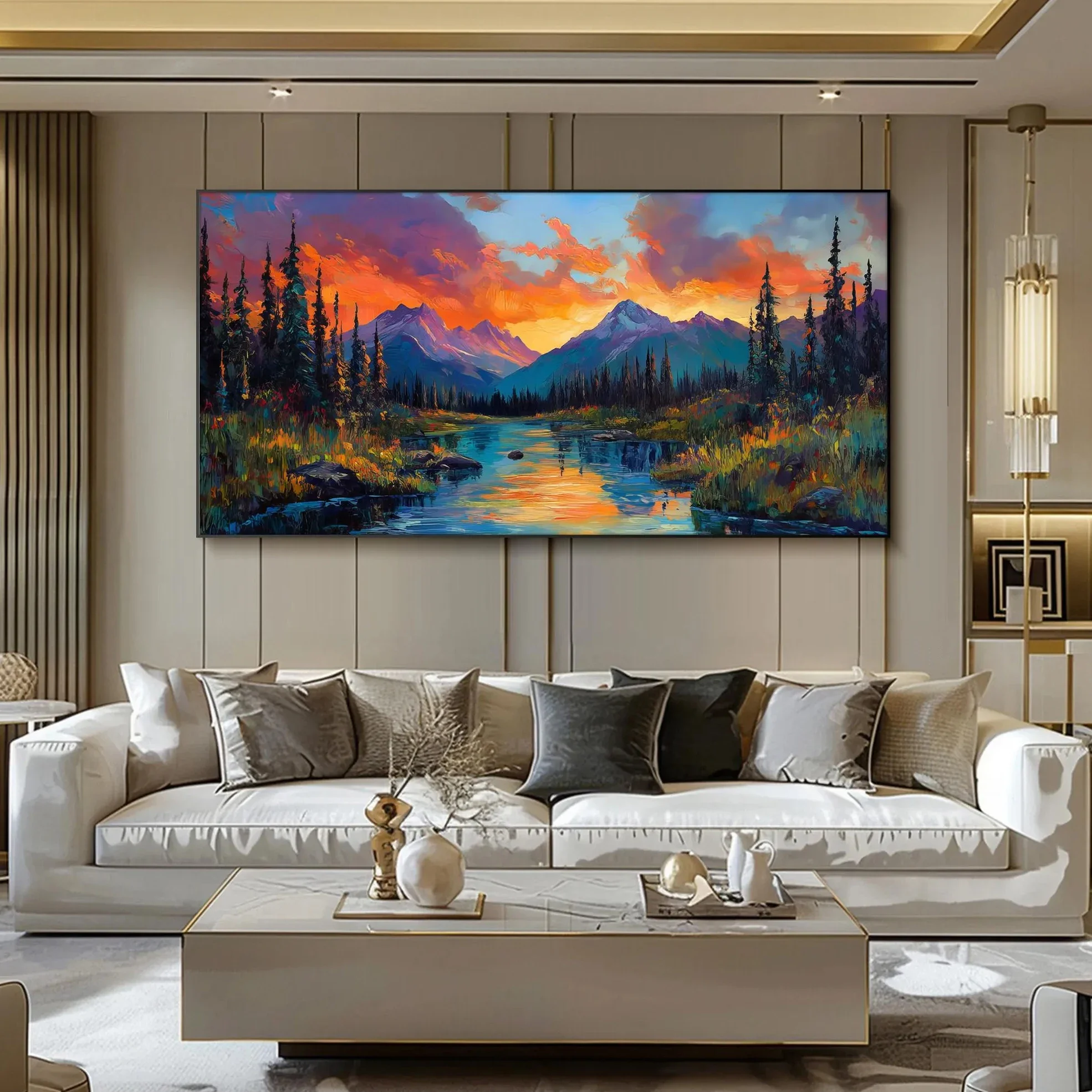 Diamond Painting Mountain landscape oil painting poster printing,colorful scenery,extra-large textured natural river wall art,
